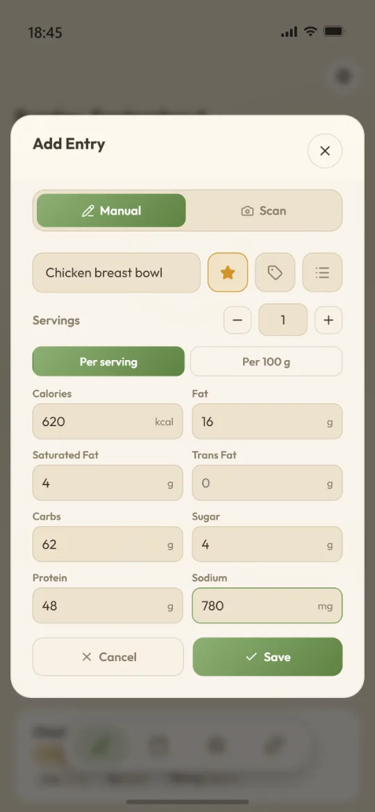 Entry form with the favourite star and the per serving / per 100 g switch