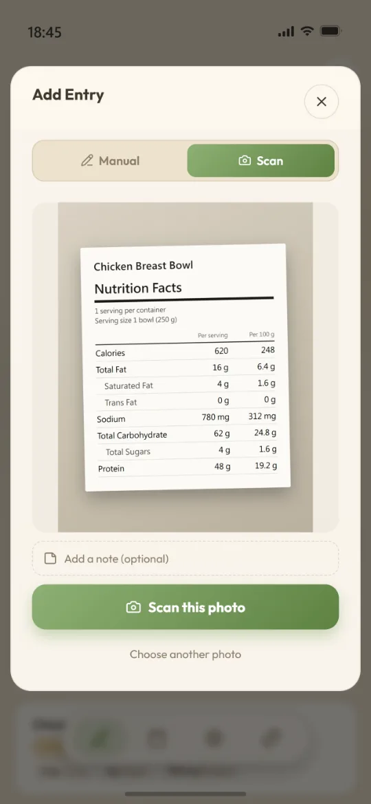 A nutrition label recognised into the form