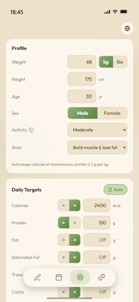 Settings screen with daily targets and display options